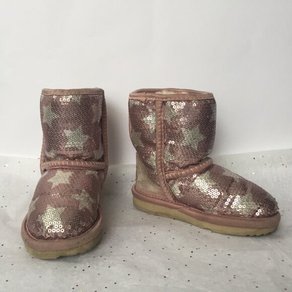 Ugg Kids Classic Short Suede Pink Sequin Stars Boot II - Size 6 Shearling Lined - Picture 9 of 11